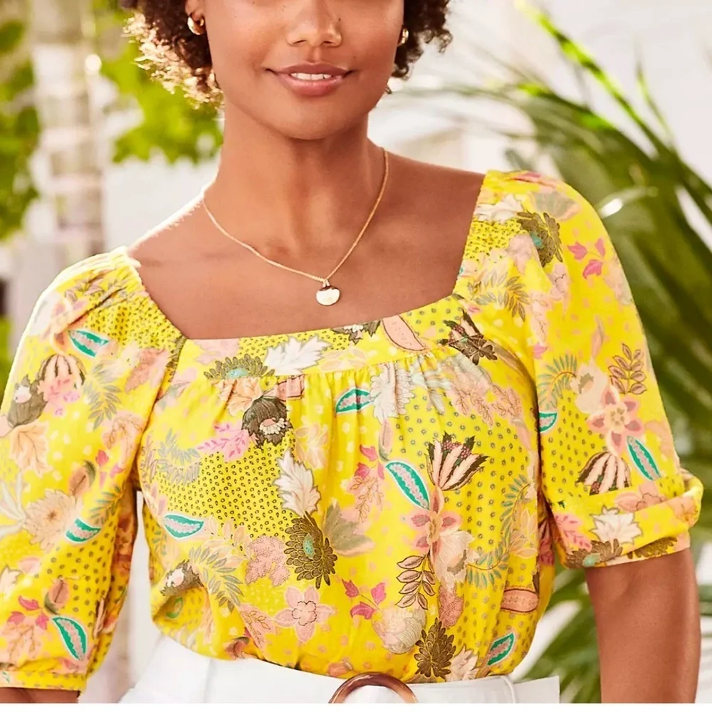 LOFT Floral Yellow floral patchwork Blouse puff sleeves linen blend top Sz‎ XL